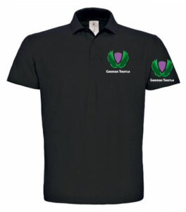 Poloshirt schwarz mit Brust- und Ärmeldruck