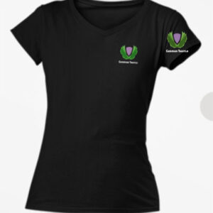 Damen T-Shirt V-Neck schwarz mit Brust- und Ärmeldruck